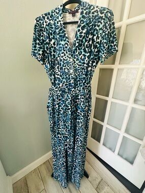 Christian Siriano Teal and Navy Leopard Print Jumpsuit